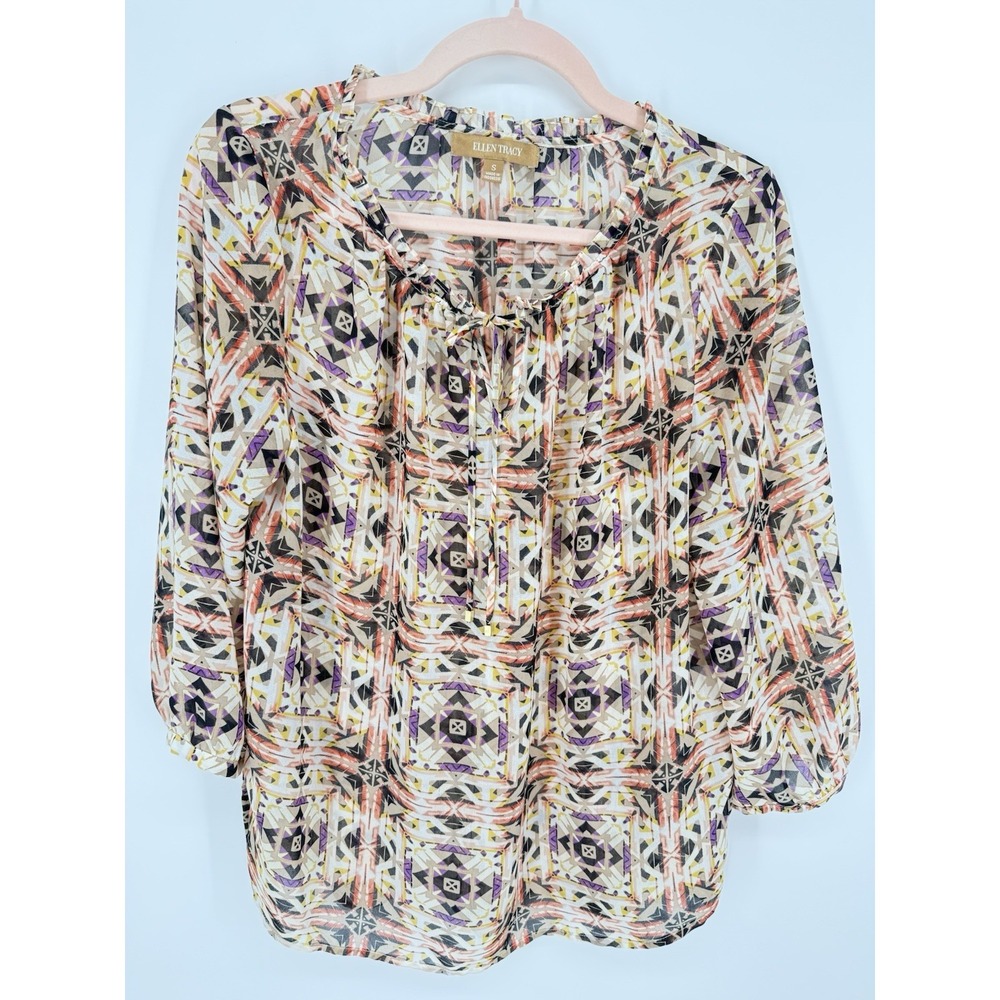 Ellen Tracy Boho Peasant Blouse Size S Sheer Geometric Tribal Print 3/4 Sleeve